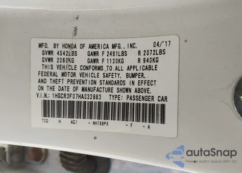 2017 Honda Accord Ex-L V6 z USA, uszkodzony, nr VIN 1HGCR3F07HA032883